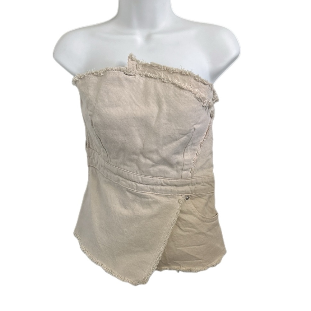 Zara Strapless Corset Bustier Denim Y2K Utility Cargo Earthy Grunge Tan Size S